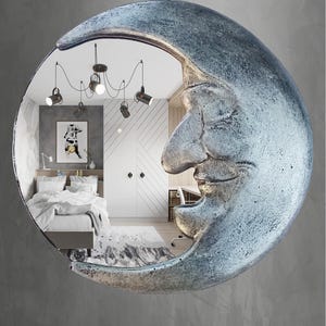 Handmade Crescent Moon Mirror • Silver Resin Celestial Wall Art image 6