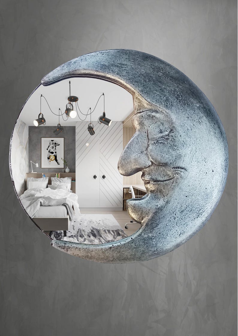 Handmade Crescent Moon Mirror • Silver Resin Celestial Wall Art image 6