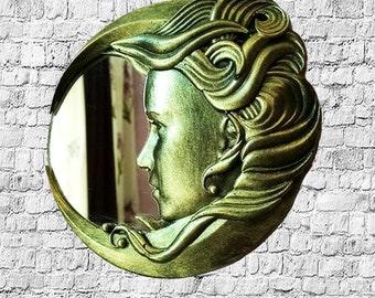 Brass Crescent Moon Mirror: Art Nouveau Celestial Decor