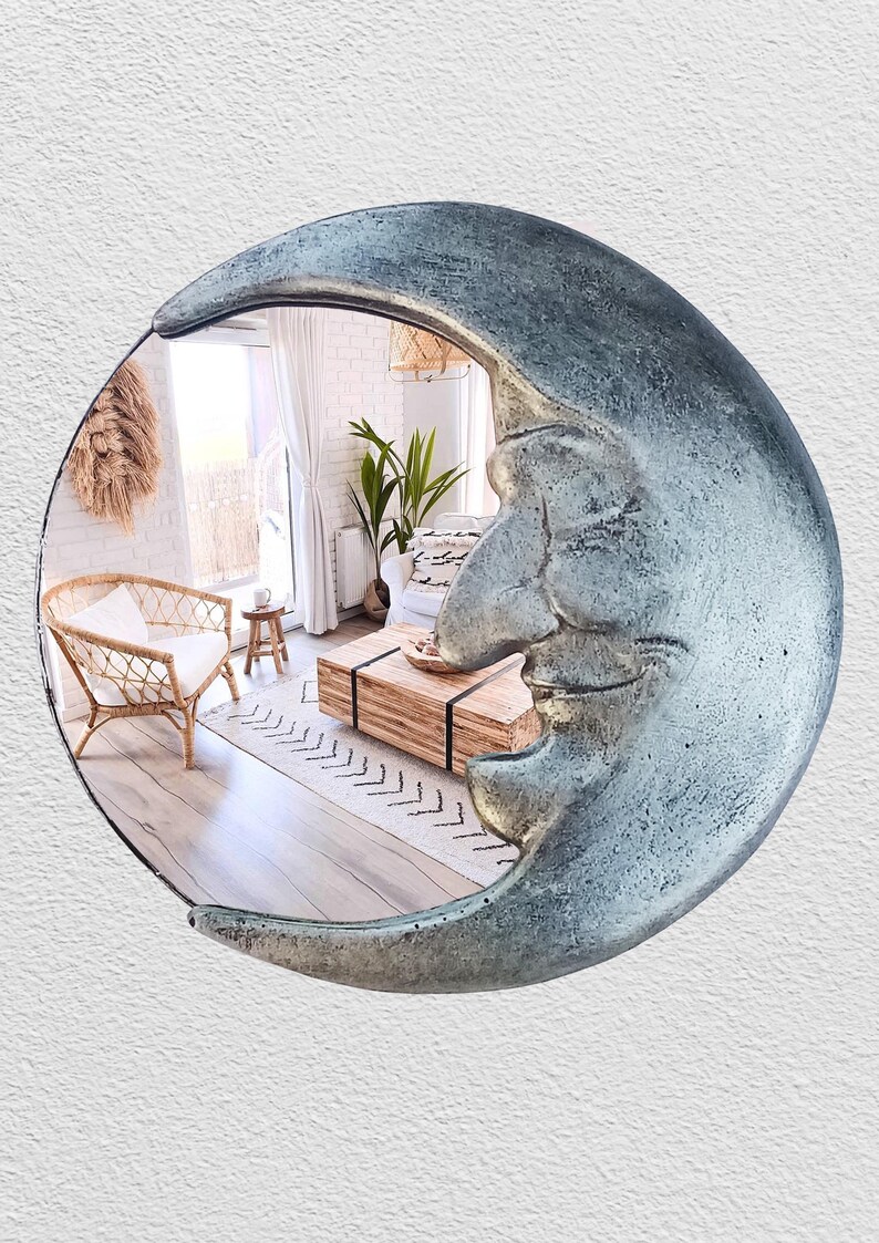 Handmade Crescent Moon Mirror • Silver Resin Celestial Wall Art image 5