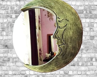 Brass Resin Crescent Moon Mirror: Celestial Art Nouveau Decor