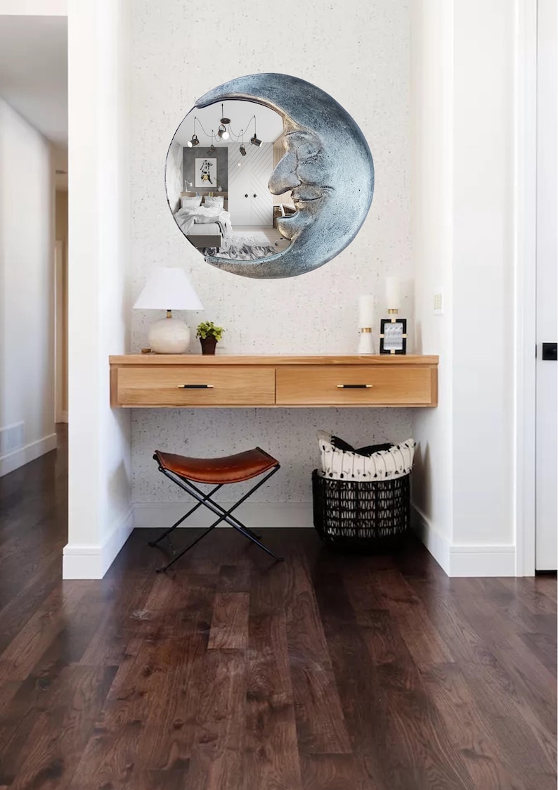 Handmade Crescent Moon Mirror • Silver Resin Celestial Wall Art image 4