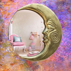 Espelho Olho da Lua • Decoração de Parede Lua Crescente • Espelho de Resina com Tema de Bruxaria • Decoração Celestial Oculta • Arte de Parede Mística da Lua