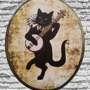 Black Cat Banjo Wooden Plaque: Handmade Folk Art Wall Decor