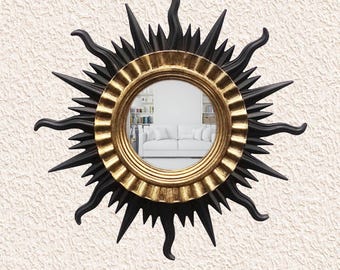 Schwarz-goldener Sonnenspiegel • Harz Art-Deco-Wanddekoration • Hexenhafter Wohnaccessoire • Vintage-Stil Sunburst-Spiegel für Eingangsbereich oder Wohnzimmer
