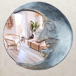 Handmade Crescent Moon Mirror • Silver Resin Celestial Wall Art image 3