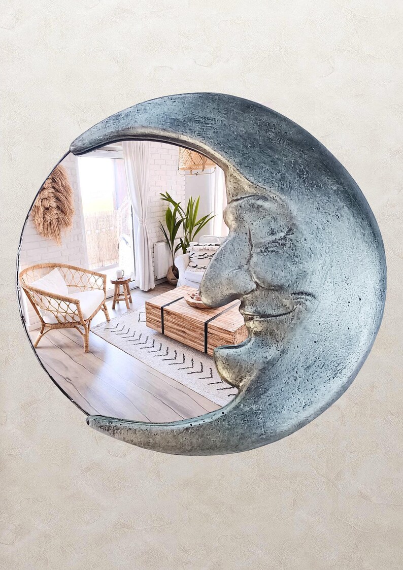 Handmade Crescent Moon Mirror • Silver Resin Celestial Wall Art image 3