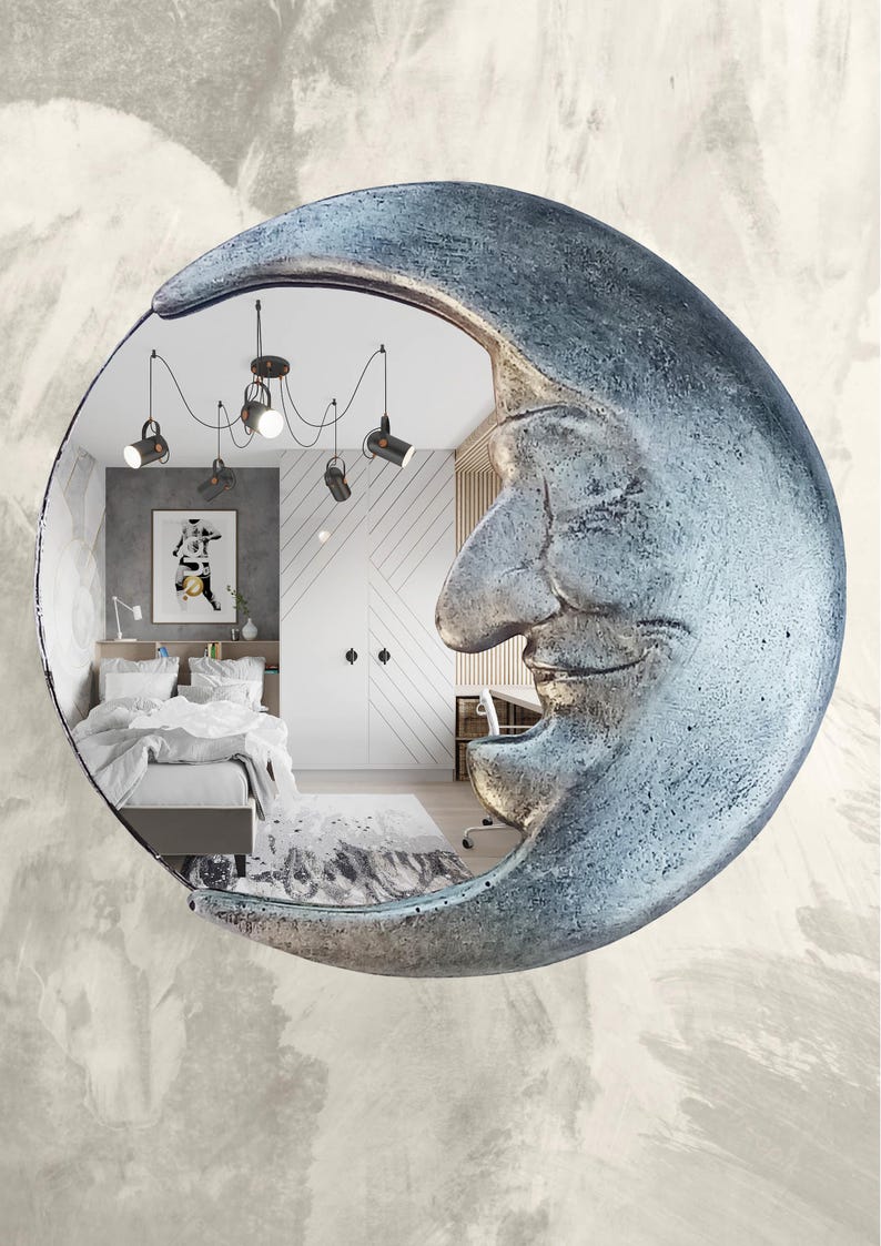 Handmade Crescent Moon Mirror • Silver Resin Celestial Wall Art image 8