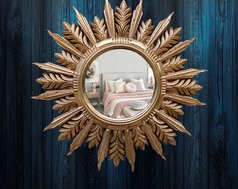 Lustro ścienne w kolorze złotym Sunburst: Lustro akcentowe z żywicy w stylu art déco