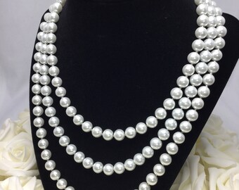 White Glass Pearl Multi Strand Necklace