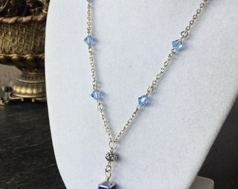 Swarovski Crystal Cube Sapphire Blue Pendant and Silver Chain Necklace