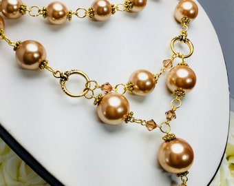 Gold Glass Pearl and Swarovski Crystal Beaded Necklace