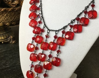 Red Square Glass with Swarovski Crystals and Black Chain Necklace