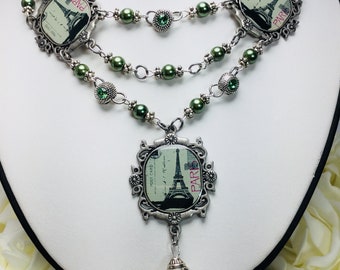 Paris Pendant  Green Glass Pearl and Bead Necklace with Swarovski Spacer bead Necklace