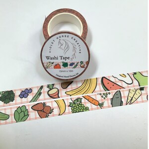 May include: Washi tape roll with a brown and white pattern. The label reads "Violet Horse Creative" and "Washi Tape". The tape features a repeating pattern of fruits and vegetables. The tape is 15mm x 10m.