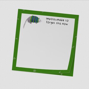 May include: A white notepad with a green border and a cartoon opossum wearing a blue and green striped sweater. The text "Impossumable to forget this now" is written on the notepad.