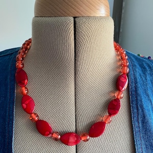 Handmade Red Beaded Necklace: Oval Beads with Owl Gift Bag