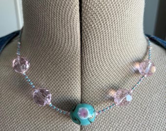 Handmade Turquoise Floral Bead Necklace: Pink Crystal Accent