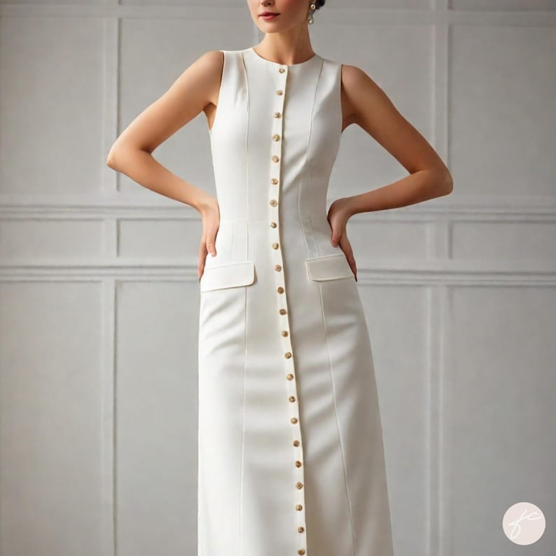 Puede incluir: Un vestido blanco sin mangas con cierre de botones en la parte delantera y dos bolsillos grandes. El vestido tiene un corpi&ntilde;o ajustado y una falda fluida.