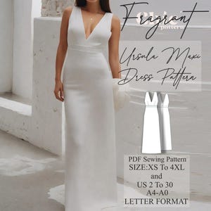 May include: A white maxi dress sewing pattern for sizes XS to 4XL, UK sizes 2 to 30. The pattern is available in A4 and A0 sizes and is in letter format. The pattern includes a line drawing of the dress.