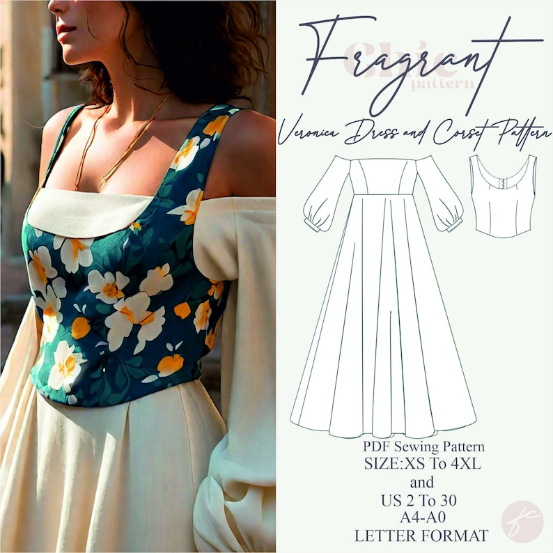 Puede incluir: Un patr&oacute;n de costura digital para un vestido y un cors&eacute;. El patr&oacute;n se llama "Fragrant Veronica Dress and Corset Pattern". El patr&oacute;n est&aacute; disponible en tallas XS a 4XL y tallas espa&ntilde;olas 34 a 52. El patr&oacute;n est&aacute; en formato A4-A0.