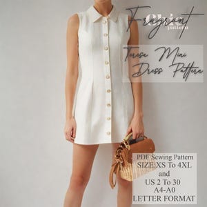 May include: A sleeveless, off-white mini dress with a collared neckline and button-down front. The dress features a tailored fit and is held by a person. The image includes text that reads "Fragrant pattern" and "Teresa Mini Dress Pattern". Also included is "PDF Sewing Pattern SIZE: XS To 4XL and US 2 To 30 A4-A0 LETTER FORMAT".