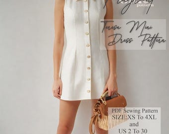 May include: A sleeveless, off-white mini dress with a collared neckline and button-down front. The dress features a tailored fit and is held by a person. The image includes text that reads "Fragrant pattern" and "Teresa Mini Dress Pattern". Also included is "PDF Sewing Pattern SIZE: XS To 4XL and US 2 To 30 A4-A0 LETTER FORMAT".