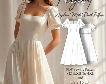 Padrão de costura de vestido de gola quadrada | Padrão de costura de vestido midi | Padrão de costura de vestido feminino | Padrão de vestido de baile | Padrão de costura digital em PDF