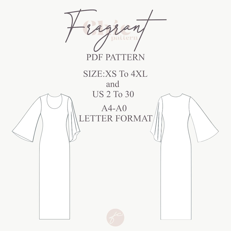 K&ouml;nnte beinhalten: Eine Schwarzwei&szlig;-Zeichnung eines Kleides mit langen &Auml;rmeln und einem runden Ausschnitt. Der Text "Fragrant pattern" befindet sich oben im Bild. Der Text "PDF PATTERN" befindet sich unter dem Titel. Der Text "SIZE:XS To 4XL and US 2 To 30 A4-A0 LETTER FORMAT" befindet sich unter dem Muster.