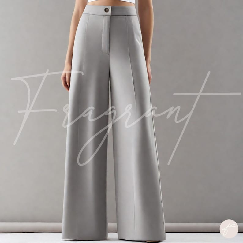 May include: Gray wide-leg pants with a button closure at the waist.