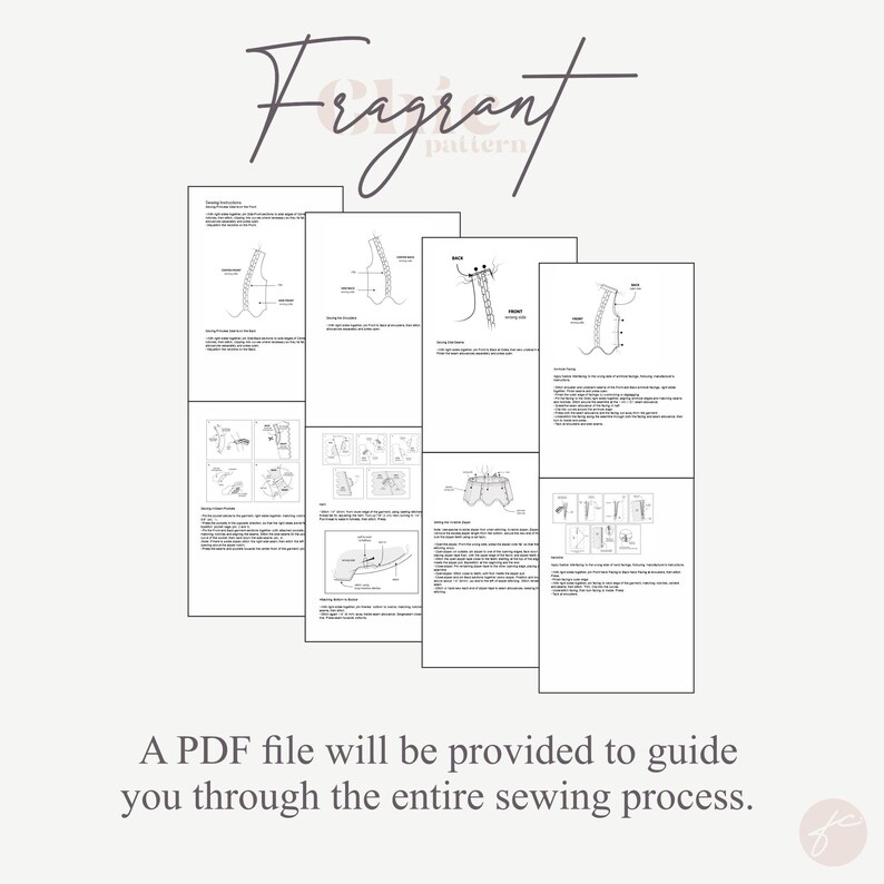 May include: A set of black and white sewing instructions for a garment. The instructions include diagrams and text. The text includes the words "Fragrant Pattern".