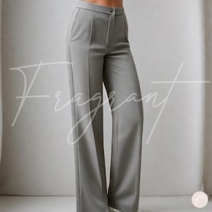 May include: Gray wide-leg pants with a high waist and a button closure.