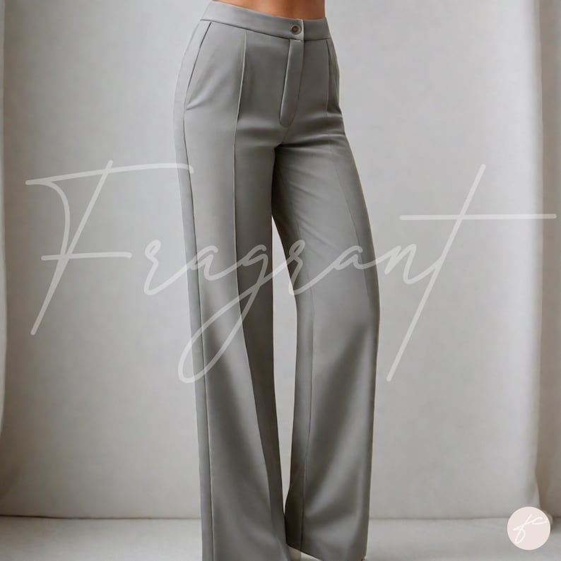 May include: Gray wide-leg pants with a high waist and a button closure.