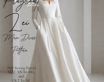 Kleid mit eckigem Ausschnitt, Maxikleid Schnittmuster, Langärmeliges Kleid, Damen Kleid Schnittmuster, PDF Digitales Schnittmuster