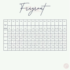 May include: A size chart for clothing with measurements in inches and centimeters. The chart includes US sizes 2 through 30, corresponding to European sizes 32 through 60. Measurements are provided for bust, waist, and hip.