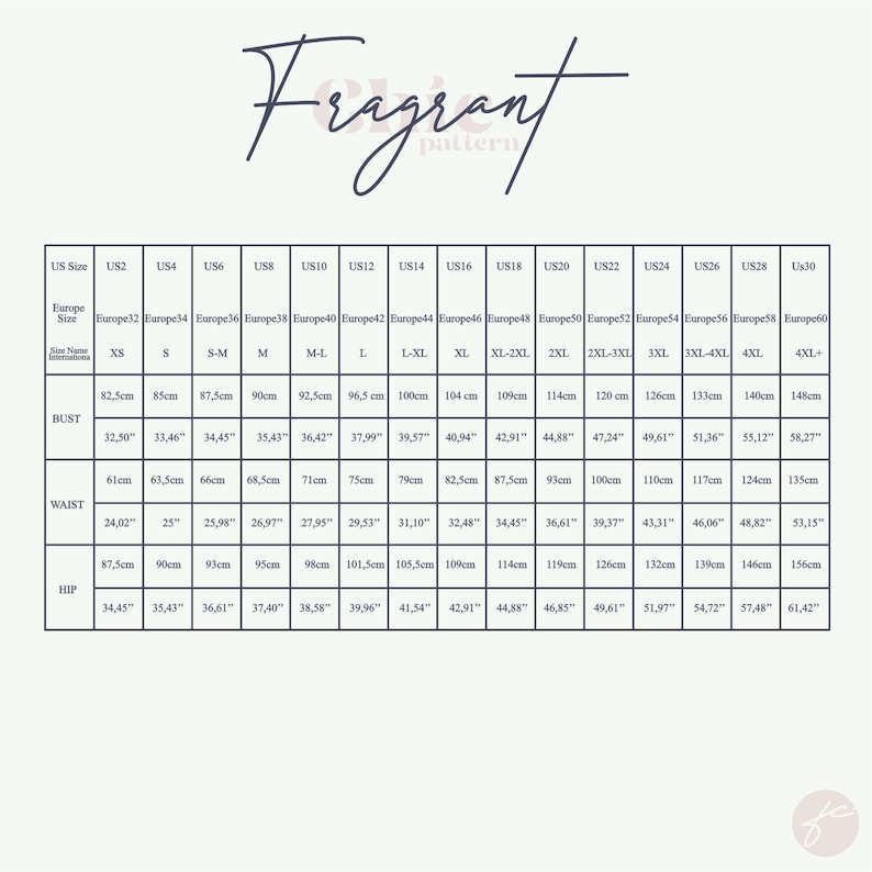 May include: A size chart for clothing with measurements in inches and centimeters. The chart includes US sizes 2 through 30, corresponding to European sizes 32 through 60. Measurements are provided for bust, waist, and hip.