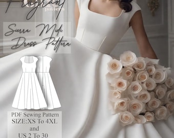 Modello di cucito per abito con scollo quadrato, modello di cucito per abito midi, modello di abito da donna, abito da ballo, abito da ballo, modello di cucito digitale PDF