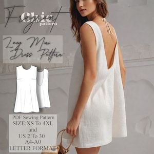 Op de afbeelding: Een PDF-naai-patroon voor een Lucy Mini-jurk. Het patroon omvat maten XS tot 4XL en Nederlandse maten 34 tot 52. Het patroon is verkrijgbaar in A4, A0 en Letter formaat.