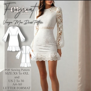Mini Dress Sewing Pattern, Long Sleeve Dress Sewing Pattern, Women Dress Sewing Pattern, Prom Dress Pattern, Digital PDF Sewing Pattern