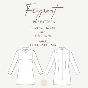May include: A black and white line drawing of a dress pattern for a long-sleeved, high-necked dress. The pattern is labeled "Fragrant pattern" and includes sizes XS to 4XL and US sizes 2 to 30. The pattern is available in A4-A0 letter format.