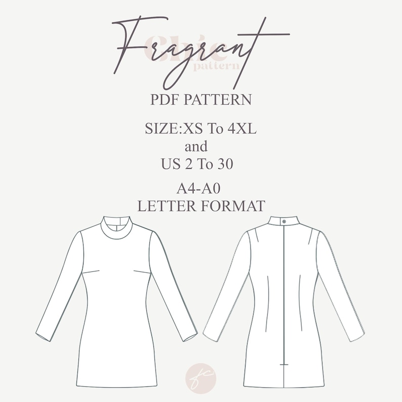 May include: A black and white line drawing of a dress pattern for a long-sleeved, high-necked dress. The pattern is labeled "Fragrant pattern" and includes sizes XS to 4XL and US sizes 2 to 30. The pattern is available in A4-A0 letter format.