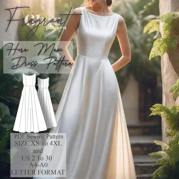 boat neck maxi dress pattern Boat Neck Maxi Dress Sewing Pattern: Princess Seam, Full Skirt (digital PDF)