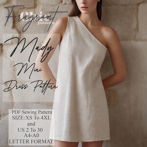 Puede incluir: Un patrón de costura PDF para un vestido mini de un solo hombro llamado "Mady". El patrón está disponible en tallas XS a 4XL y tallas españolas 34 a 52. El patrón se imprime en formato A4 y A0.