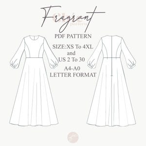 May include: A line drawing of a long-sleeved dress pattern. The text "Frigrant" is at the top, with "PDF PATTERN" and size details: XS to 4XL and US sizes 2 to 30. It also specifies A4-A0 and letter format.