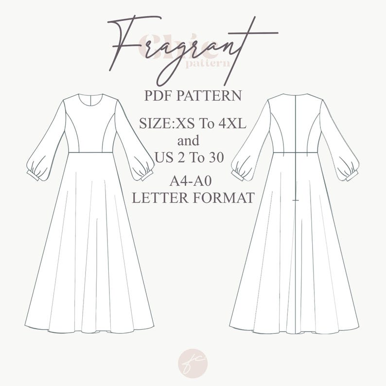 May include: A line drawing of a long-sleeved dress pattern. The text "Frigrant" is at the top, with "PDF PATTERN" and size details: XS to 4XL and US sizes 2 to 30. It also specifies A4-A0 and letter format.
