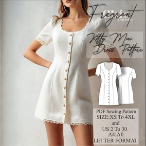 Könnte beinhalten: Ein Nähmuster für ein weißes Minikleid mit Knopfleiste und Spitzenbesatz. Das Muster ist in den Größen XS bis 4XL und den deutschen Größen 32 bis 48 erhältlich. Das Muster ist im A4-A0-Format.