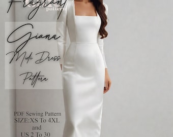 Kleid mit quadratischem Ausschnitt | Schnittmuster für Midi Kleid | Langarm Kleid Schnittmuster | Frauen Kleid Schnittmuster | PDF Digitales Schnittmuster