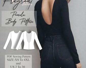May include: A sewing pattern for a long-sleeved top with a low back. The pattern is available in sizes XS to 4XL and includes instructions for US sizes 2 to 30. The pattern is printed on A4 and A0 paper in letter format.