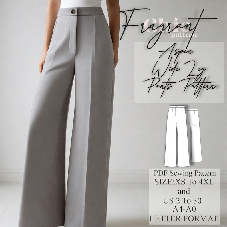 May include: A PDF sewing pattern for wide-leg pants called "Aspen Wide Leg Pants Pattern" by Fragrant Pattern. The pattern includes sizes XS to 4XL, US sizes 2 to 30, and is available in A4 and A0 letter format.