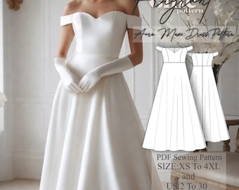 Patrón de costura de vestido con hombros descubiertos, vestido con escote corazón, patrón de vestido largo, vestido de invitada de boda, patrón de vestido de fiesta, patrón de costura digital en PDF